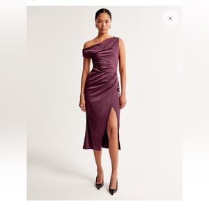 Abercrombie & Fitch Stretch Satin Draped Midi Dress, Burgundy